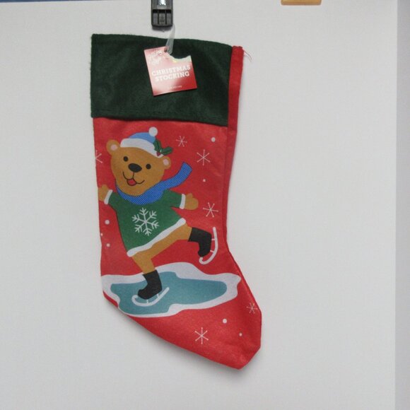 Teddy Bear Red Felt Christmas Stocking Applique W ICE SKATES Green&Red - Picture 3 of 4